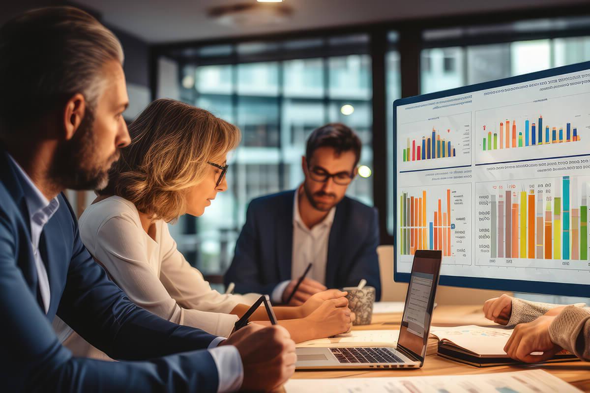 A group of professional people in an office sitting at a desk and looking at data and bar charts on a big screen